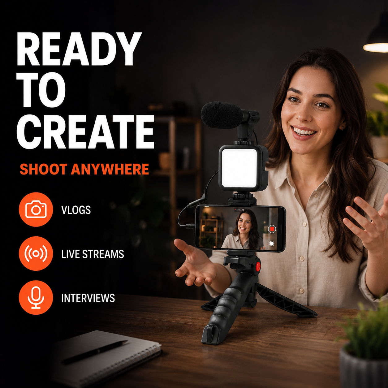 A woman smiling at a desk with a handheld smartphone video recording setup on a small tripod, including a phone, microphone, and light panel. Large text on the left reads 'READY TO CREATE' with orange accents and icons for Vlogs, Live Streams, and Interviews.