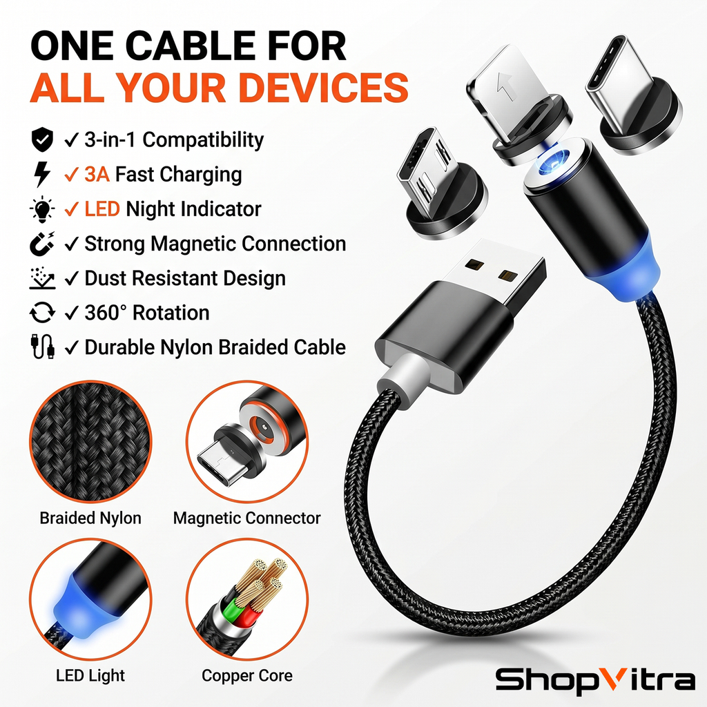 3-in-1 Magnetic Fast Charging Cable with LED Light