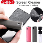 2-in-1 screen cleaner with a hand holding a smartphone and close-up of cleaning action.