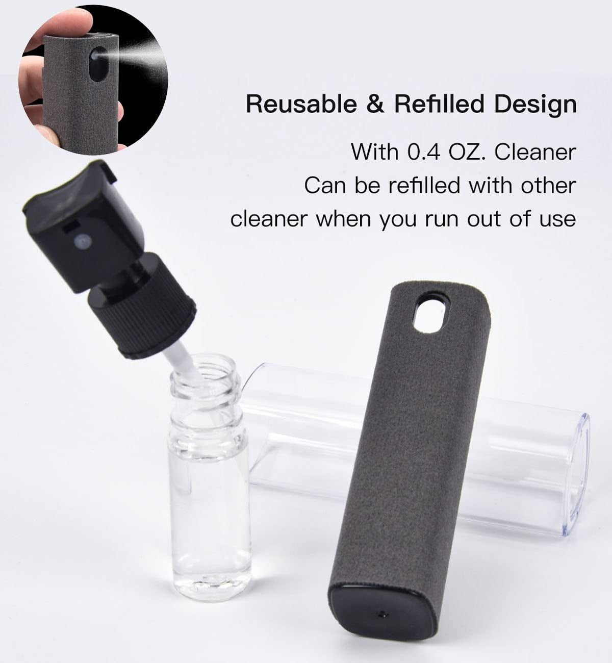Reusable and refilled cleaning tool with a clear bottle and black handle on a white background.