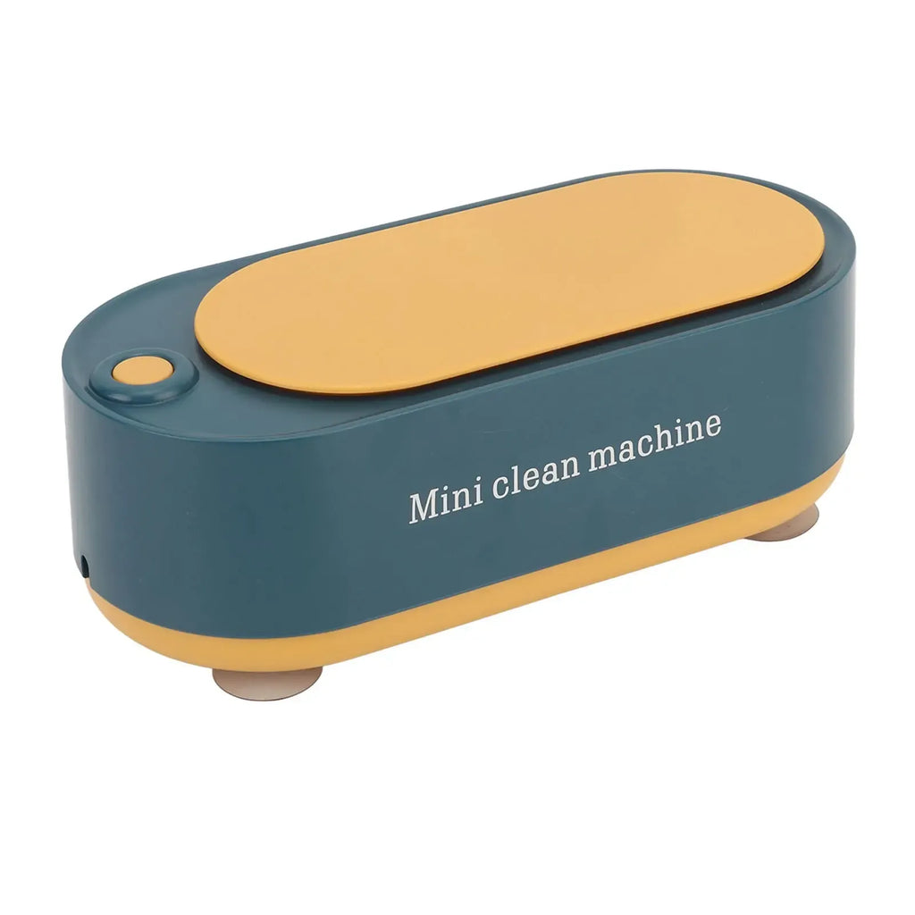 Mini clean machine with blue and yellow design on a white background