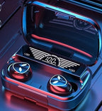 Wireless earbuds in a charging case with a digital display showing battery levels.