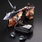 Phone case with warrior design and wireless earbuds on a textured black surface