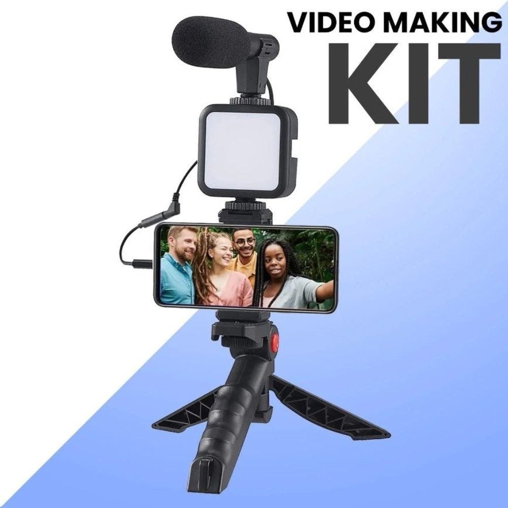 Video-making-kit-with-tripod-LED-light-microphone-and-phone-holder