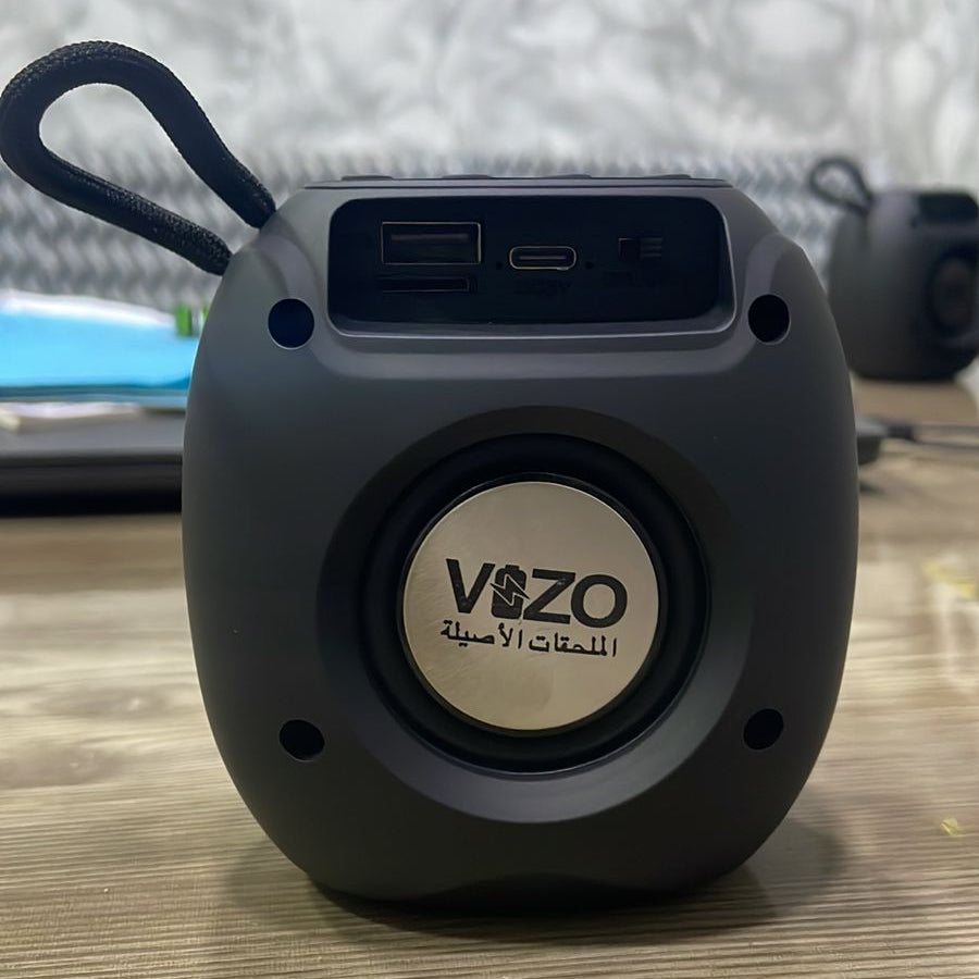 VEZO portable Bluetooth speaker rear view with USB and charging ports