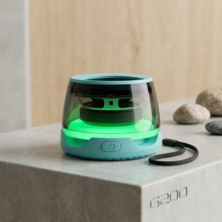 Portable speaker with a green light on a concrete surface