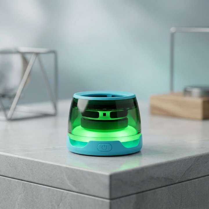 Small green and blue device on a light gray surface with a blurred background