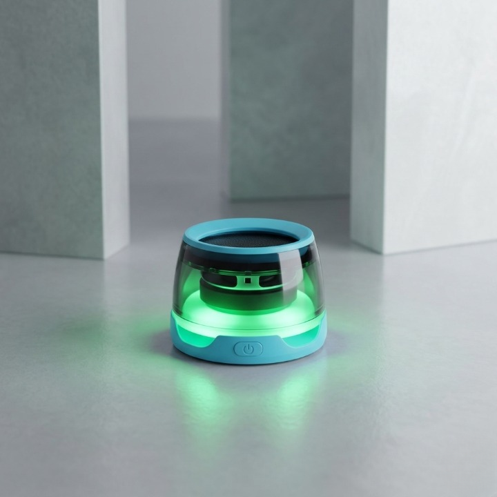 Small cylindrical device with a green light on a reflective surface