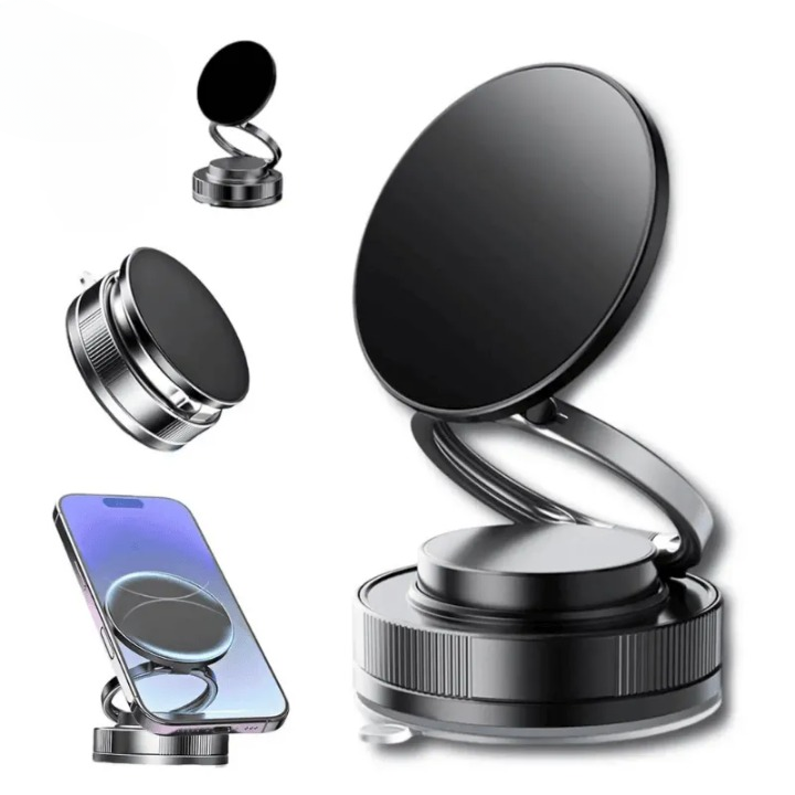 Multi-angle view of a black and silver phone holder with smartphone on white background
