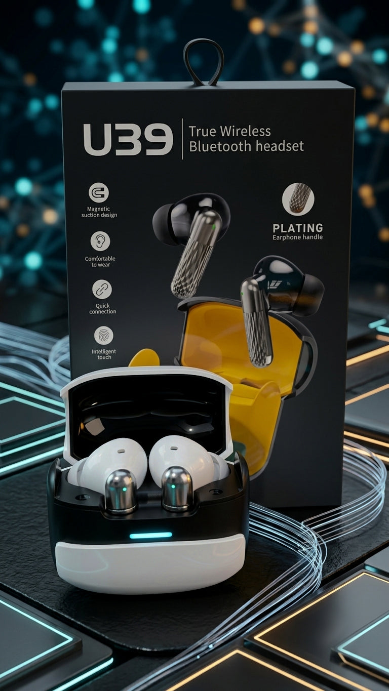 U39 wireless Bluetooth earbuds with open charging case and box