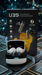 U39 wireless Bluetooth earbuds with open charging case and box