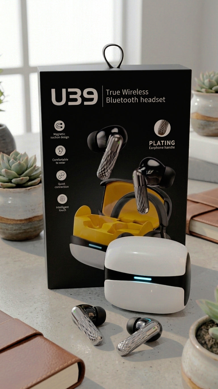 U39 Bluetooth earbuds with charging case and product box