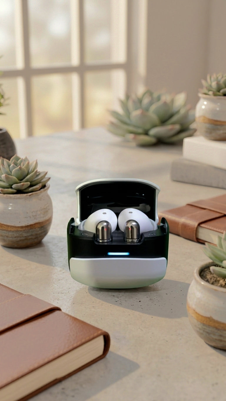 U39 wireless earbuds stored inside open charging case
