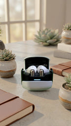 U39 wireless earbuds stored inside open charging case