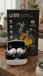 U39 true wireless Bluetooth earbuds with box on wooden table