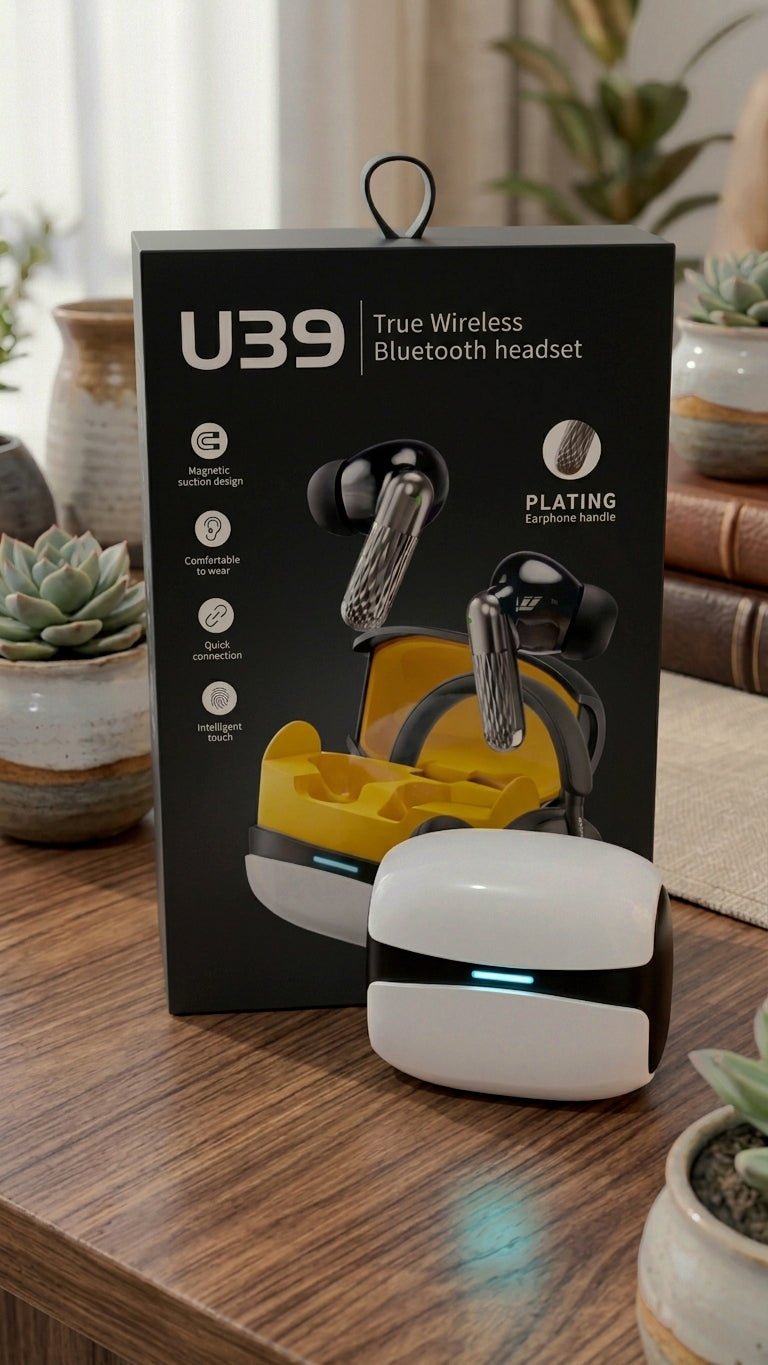 U39 true wireless earbuds charging case with retail packaging