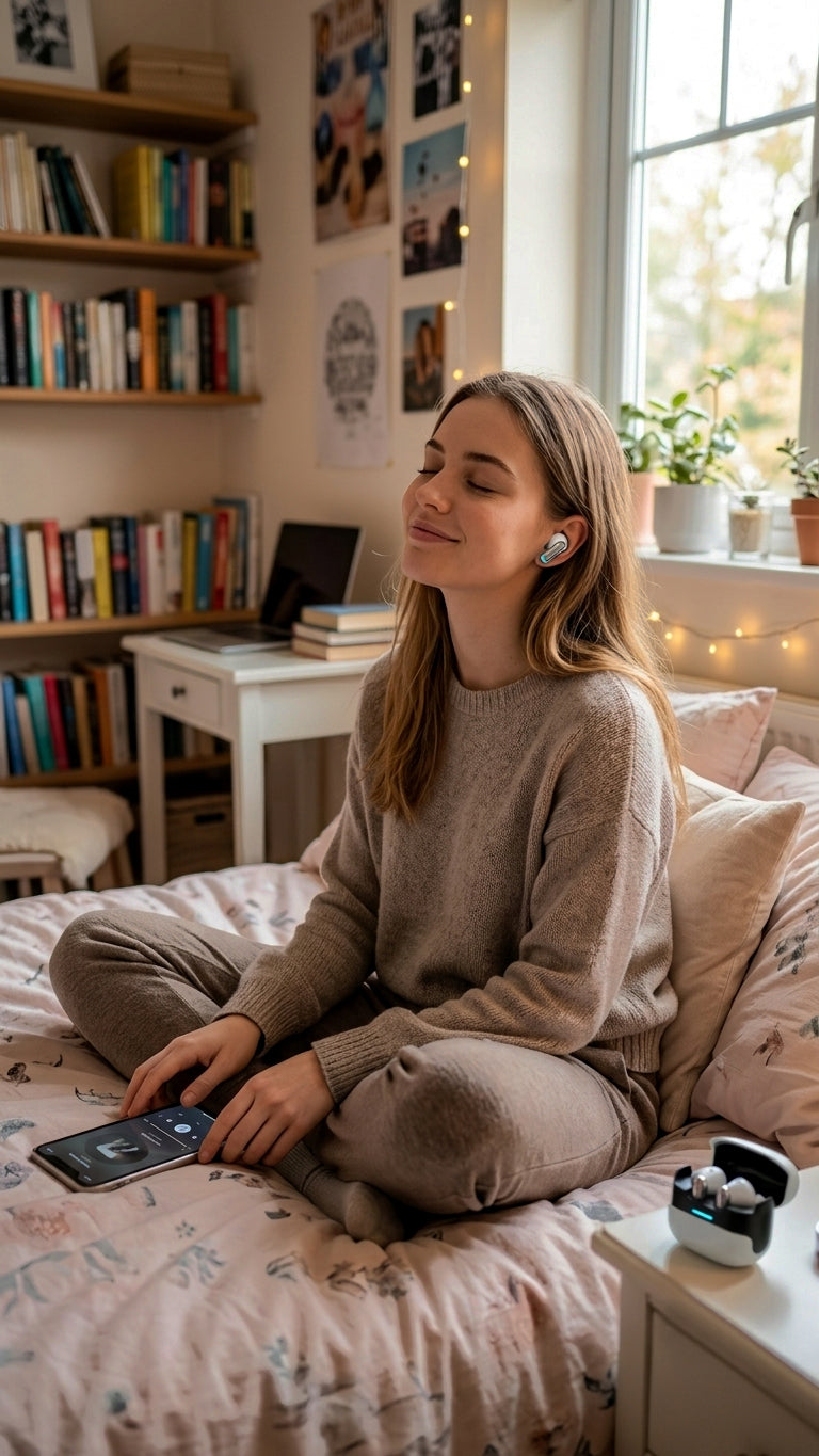 Woman wearing U39 wireless earbuds while listening to music