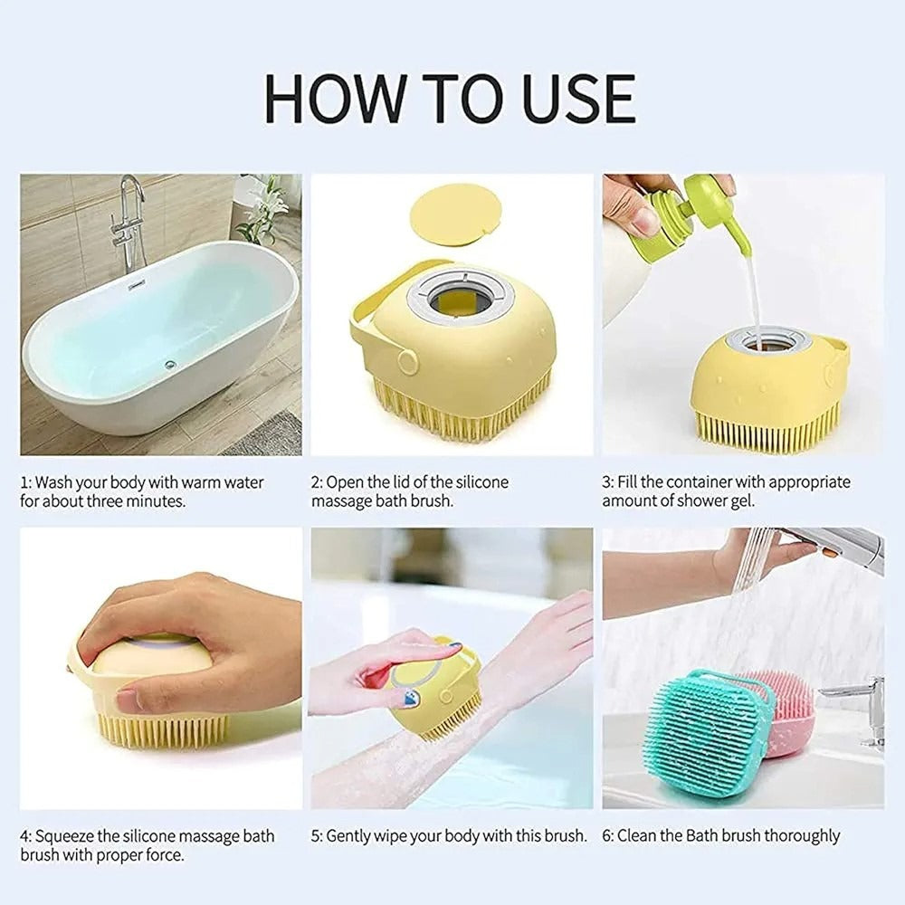A six-step instructional graphic titled 'HOW TO USE' showing a silicone massage bath brush in a bathtub, being filled with shower gel, and being used on a hand and body, with text labels for each step.