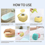 A six-step instructional graphic titled 'HOW TO USE' showing a silicone massage bath brush in a bathtub, being filled with shower gel, and being used on a hand and body, with text labels for each step.