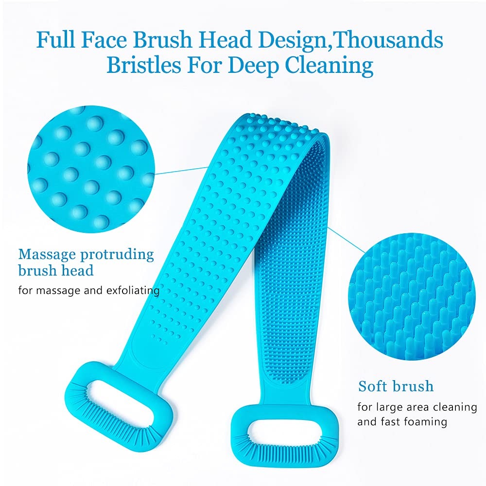 A bright blue face brush head with dual textured sections, shown on a white background with callout circles and text explaining massage and soft cleaning functions.