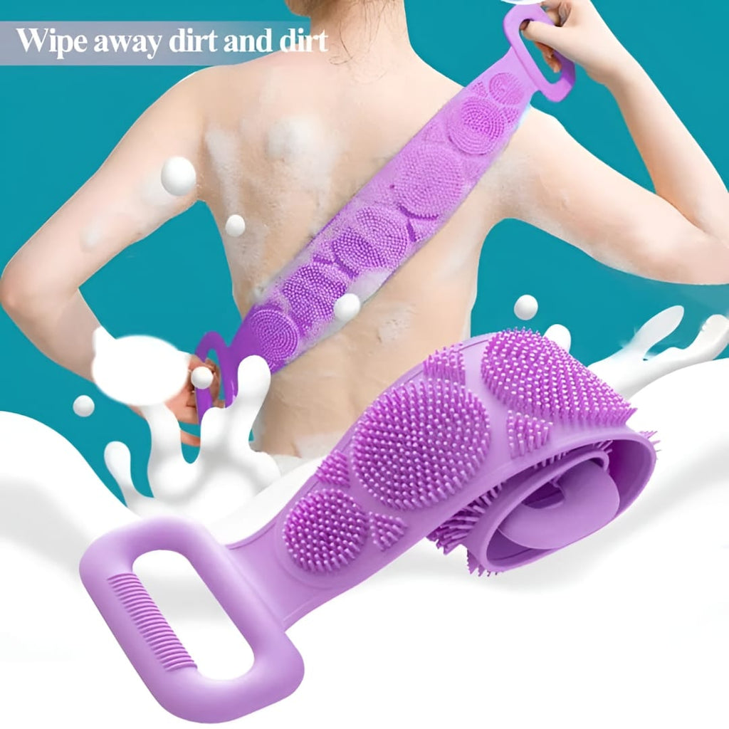 Purple silicone back scrubber with textured circular scrubbing pads and a handle, shown both isolated and being worn on a person's back with soap lather graphics.