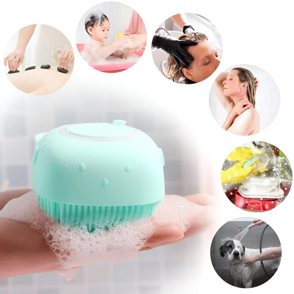 Collage of a green scrubber with various uses including bathing, hair washing, and pet care.