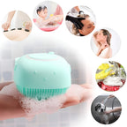 Collage of a green scrubber with various uses including bathing, hair washing, and pet care.