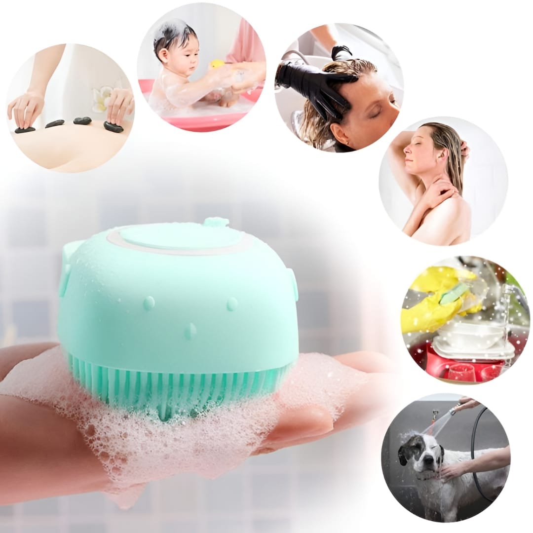Collage of a green scrubber with various uses including bathing, hair washing, and pet care.