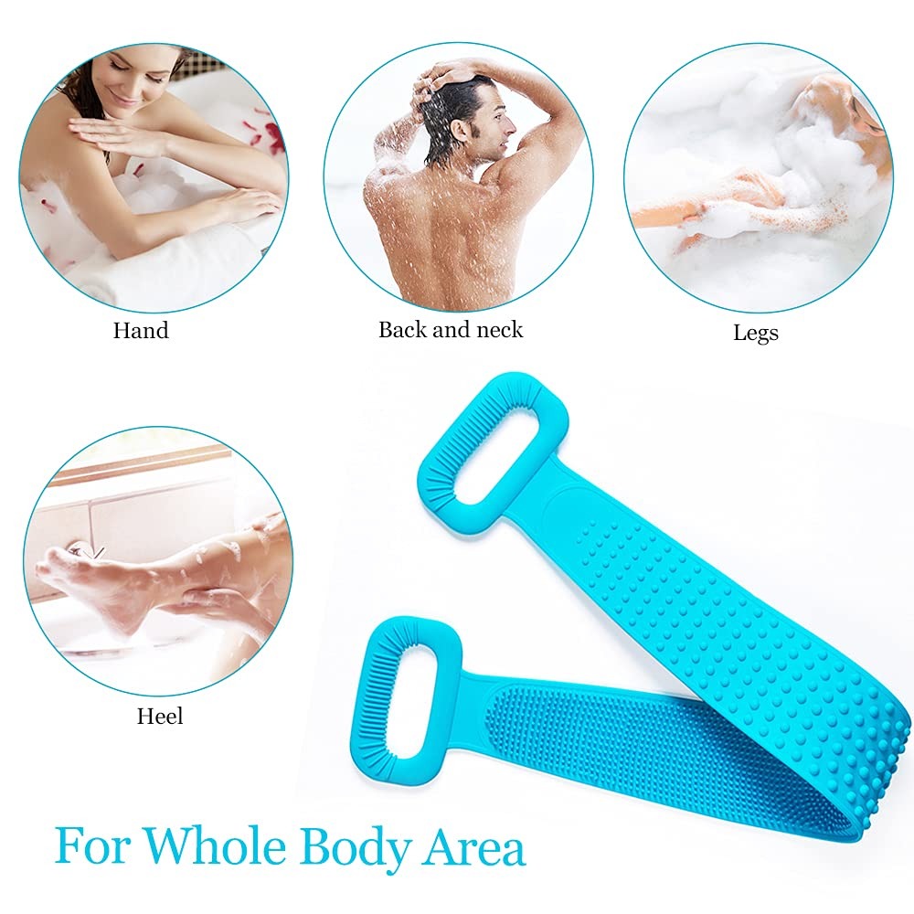 Blue body scrubber with images showing its use on various parts of the body.