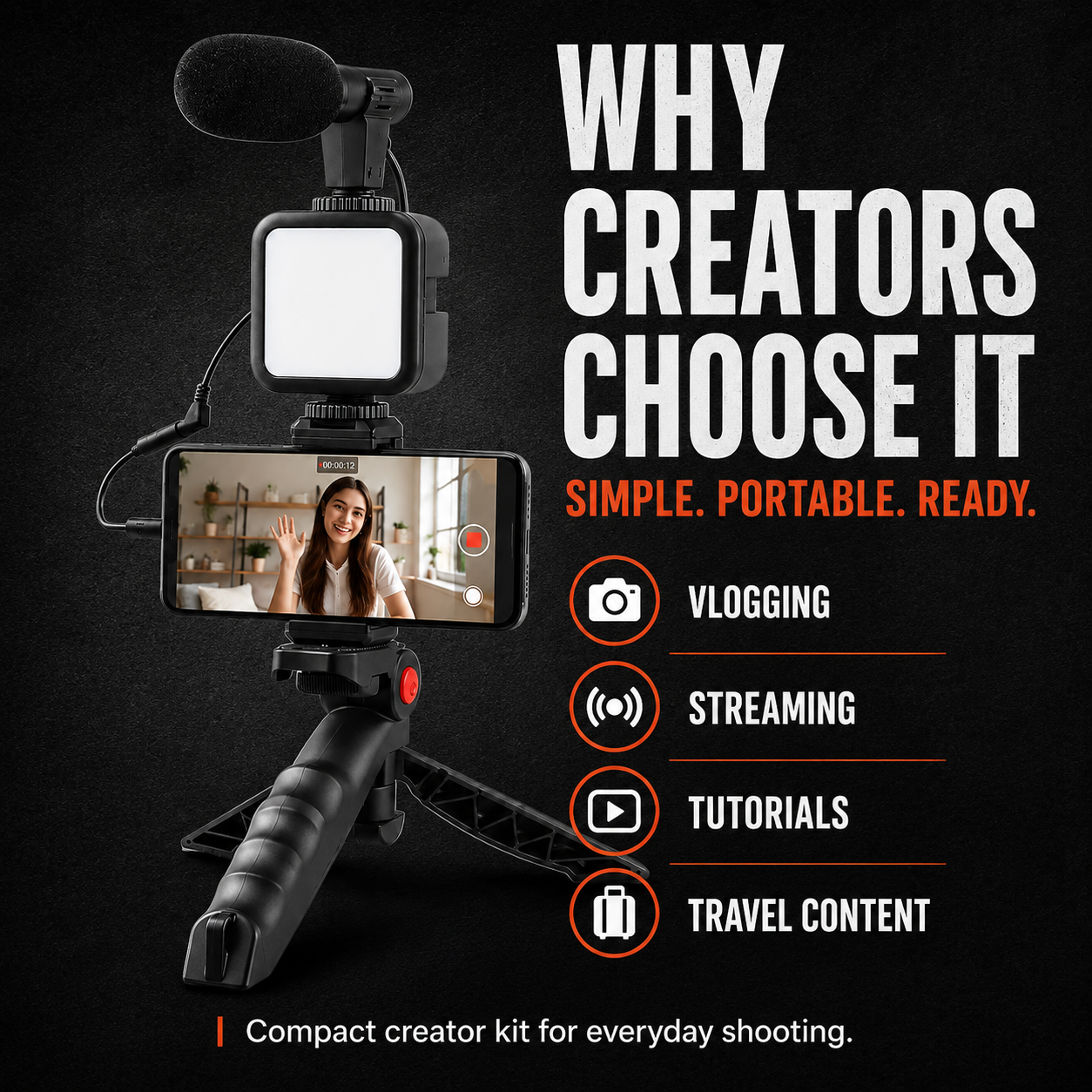 A black compact tripod-mounted video camera kit with an attached microphone, square light panel, and smartphone screen showing a live stream preview, set against a dark background with promotional text reading 'WHY CREATORS CHOOSE IT' and use cases for vlogging, streaming, tutorials, and travel content.