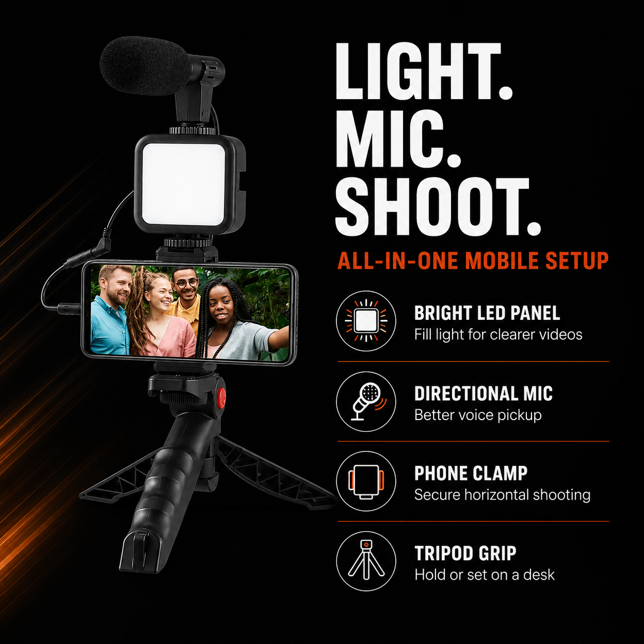 Black all-in-one mobile video recording kit with a phone clamp, built-in microphone, bright LED panel, and tripod grip, shown with a smartphone displaying a family photo on a black background with feature callouts.