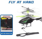 Toy helicopter with remote control and charging instructions on a white background