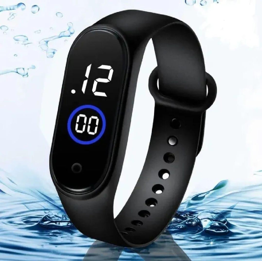 Black smartwatch with digital display on a water-themed background