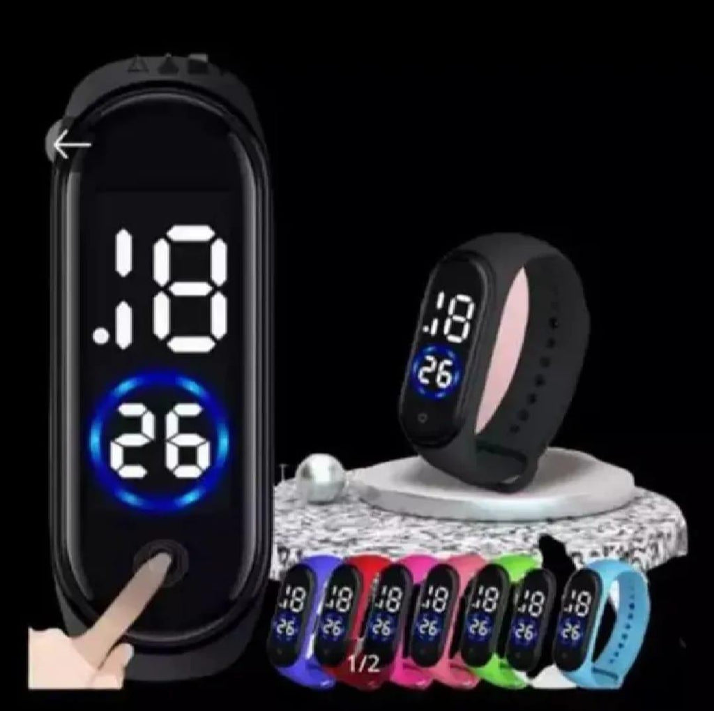 Digital watch with colorful display options on a black background
