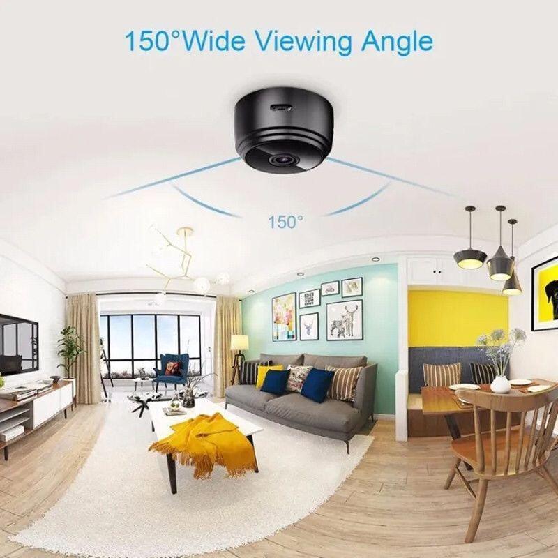 Ceiling-mounted camera with wide viewing angle in a modern living room.