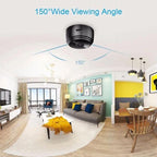 Ceiling-mounted camera with wide viewing angle in a modern living room.