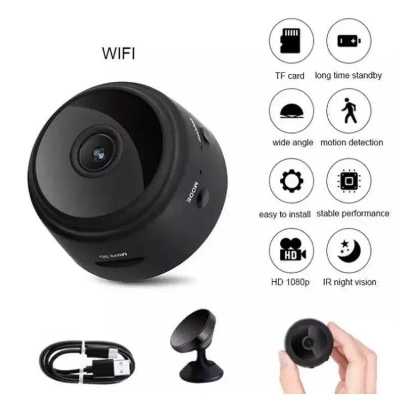 Black security camera with features listed on a white background