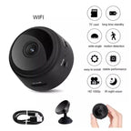 Black security camera with features listed on a white background