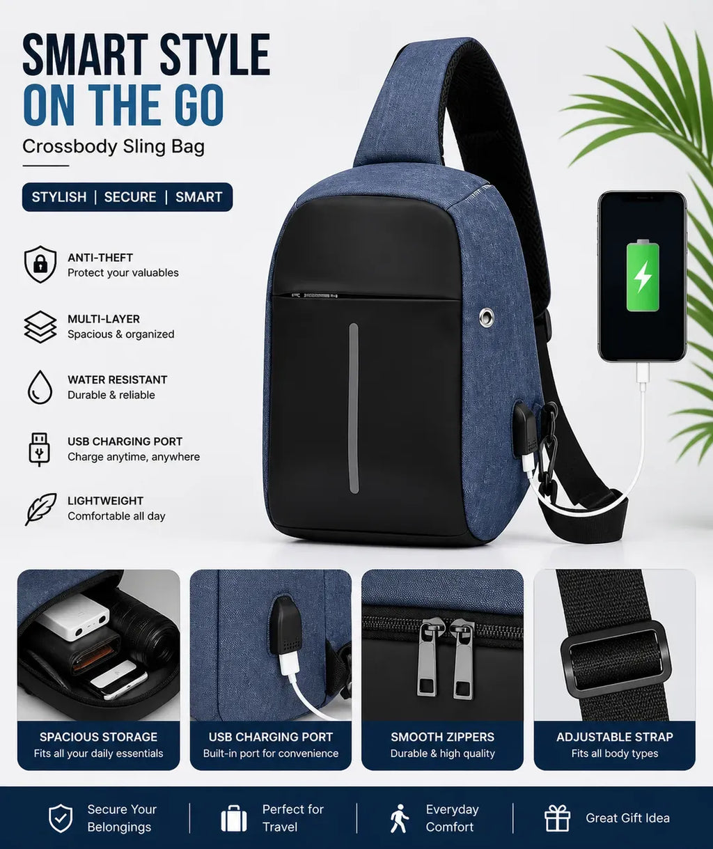 Blue crossbody sling bag with USB charging port on a white background