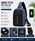 Blue crossbody sling bag with USB charging port on a white background