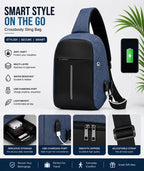 Blue crossbody sling bag with USB charging port on a white background