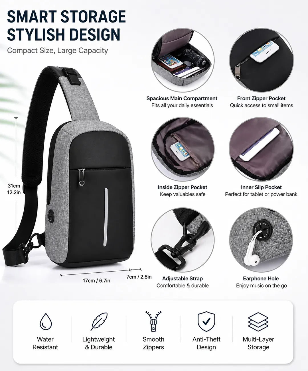 Gray and black sling bag with features highlighted on a white background
