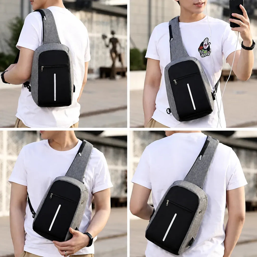 Person wearing a black and gray crossbody bag in various poses outdoors.