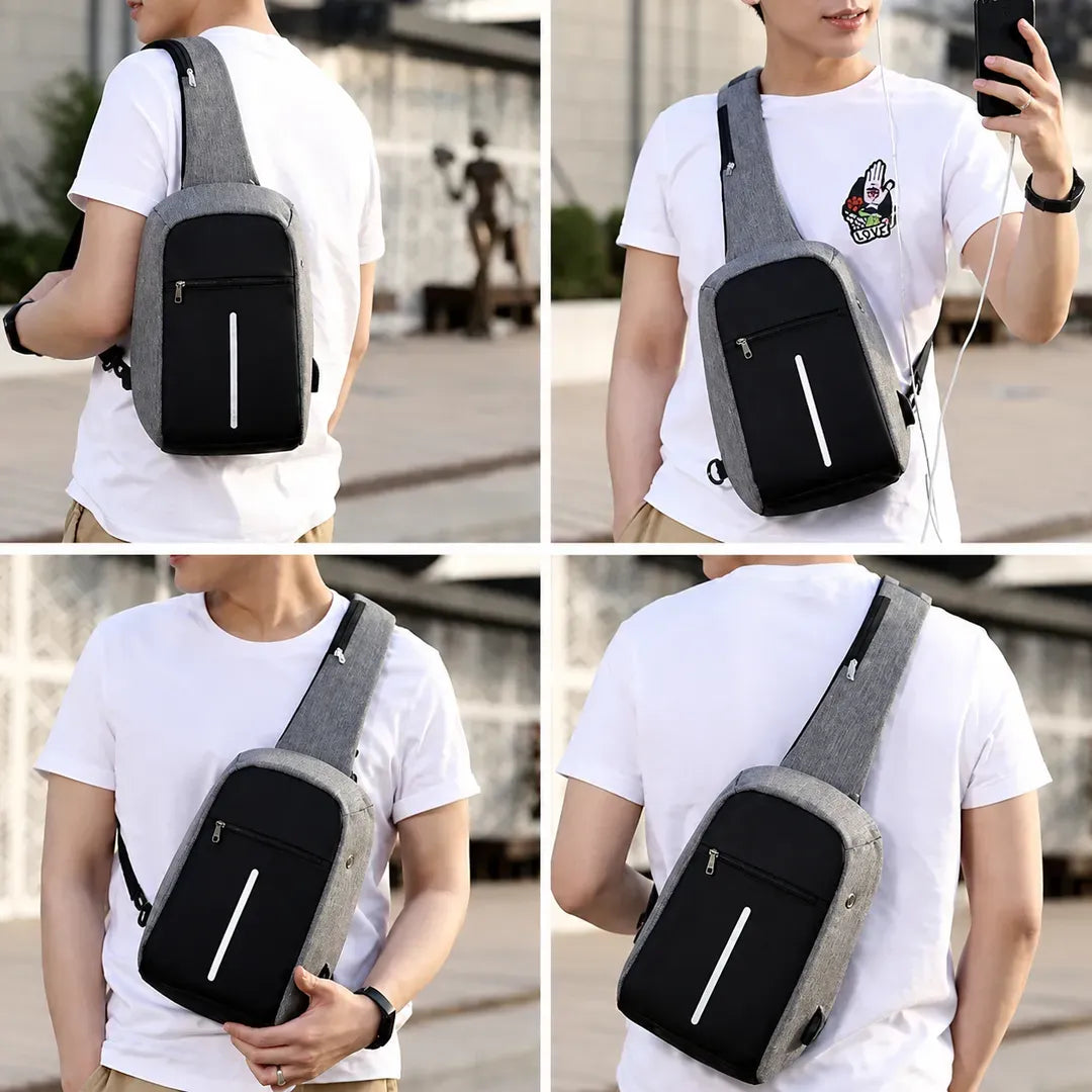 Person wearing a black and gray crossbody bag in various poses outdoors.