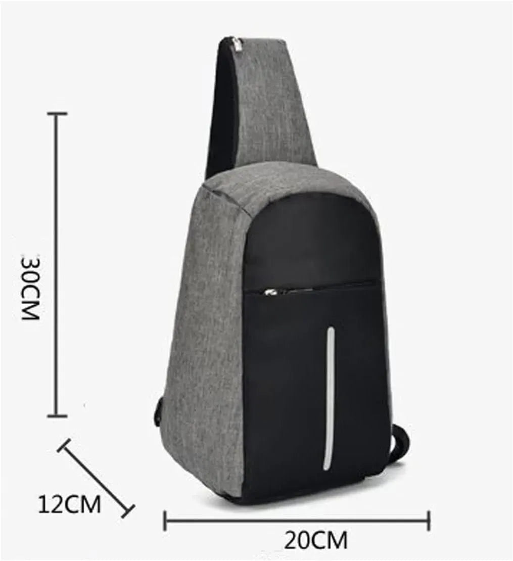 Gray and black sling bag with measurements on a white background