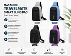 TravelMate smart sling bag with color options and features on a white background