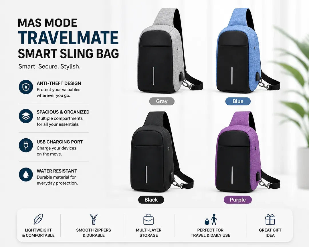 TravelMate smart sling bag with color options and features on a white background